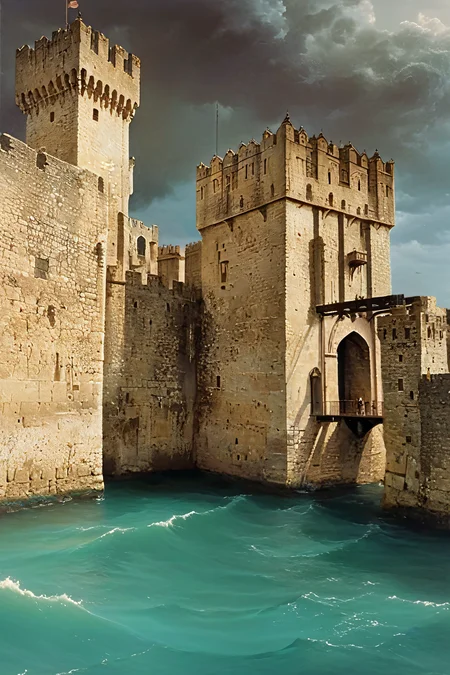 crusader castle at coast in palestine, (13th Century:1.5), dramatic atmosphere, dream scenery art, beautiful oil painting, romantic, beautiful romantic painting, masterpiece, highres, <lora:add-detail-xl:1>  <lora:Aros_Castle_Style:1>