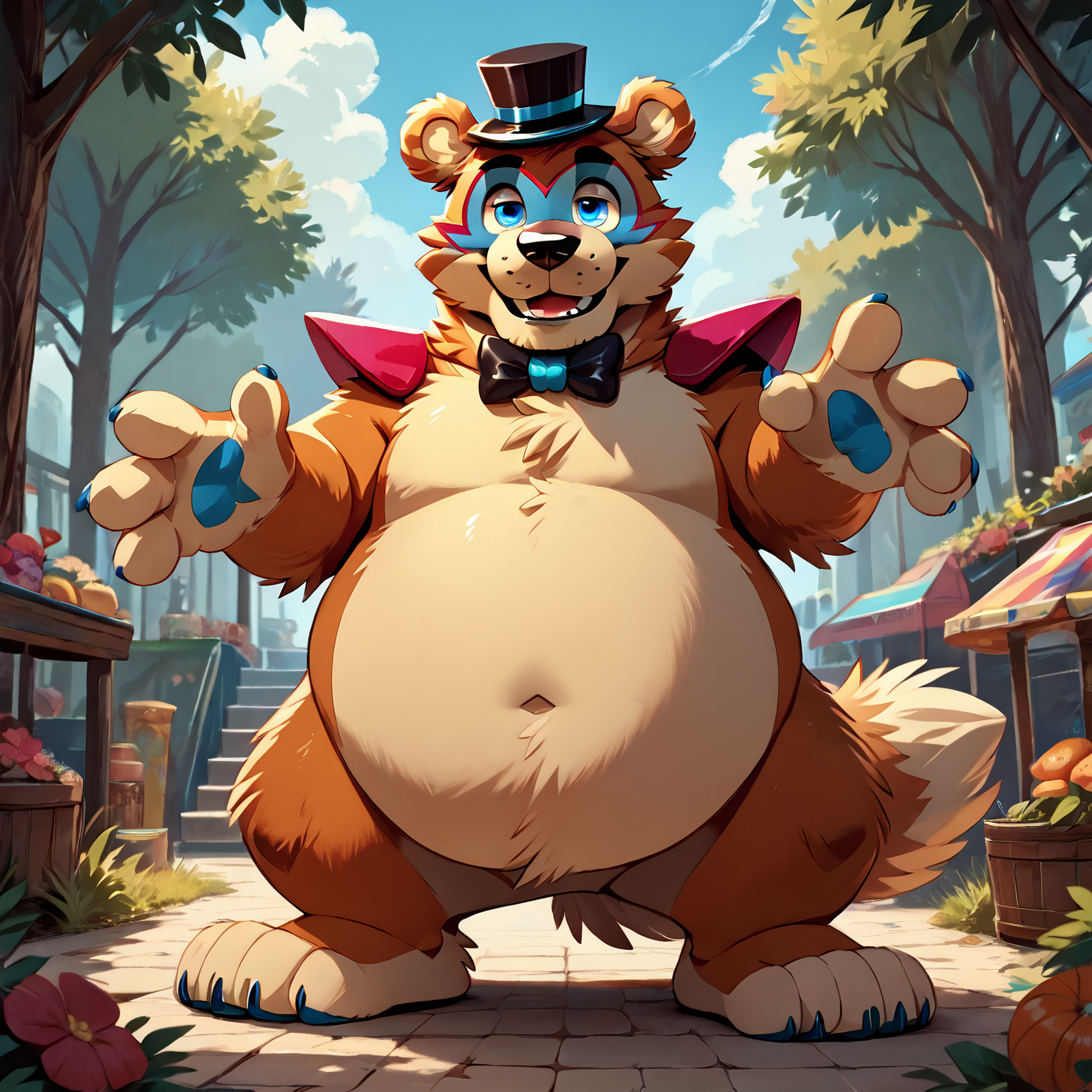 <lora:bigfreddy_ponyxl-10:1>  score_9_up, score_8_up, score_7_up, source_cartoon, best quality, masterpiece, outsude, park, park background, (bigfreddy), bear ears, solo, (looking at viewer), perfect body,  (perfect anatomy),  fluffy paws, (fluffy paws), detailed ears, detailed hands, detailed body, perfect body, (detailed hands),  zPDXL3, detailed hat,  male focus,  nice background, (flat chest), fluffy head:0.8, looking at viewer, cute and chubby round belly, black bowtie
 <lora:zy_Detailed_Backgrounds_v1:1.0>  <lora:HandFixer_pdxl_Incrs_v1:0.5>