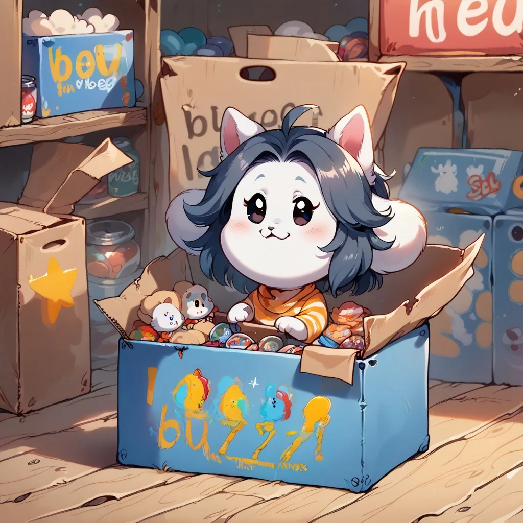 score_9, score_8_up, score_7_up, t3mmie, hair, score_6_up, chibi, cute, large eyes, behind box, store shelves, cashier, cartoony, 2d, need_buzz, text on cardboard box that says "need buzz"