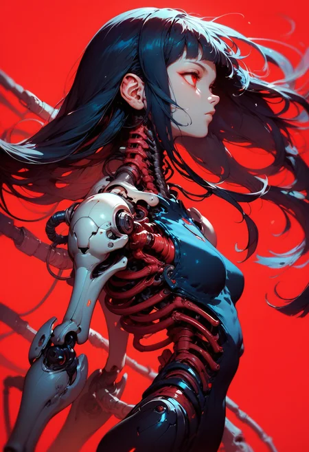 (score_9, score_8_up), score_7_up, zPDXL, 1girl, solo, breasts, very long hair, bangs, simple background, black hair, red eyes, closed mouth, weapon, small breasts, blunt bangs, medium hair, from side, profile, floating hair, expressionless, red background, science fiction, android, cable, mechanical arms, cyborg, robot joints, mechanical parts, tube, spine
<lora:BioPunky:0.8>