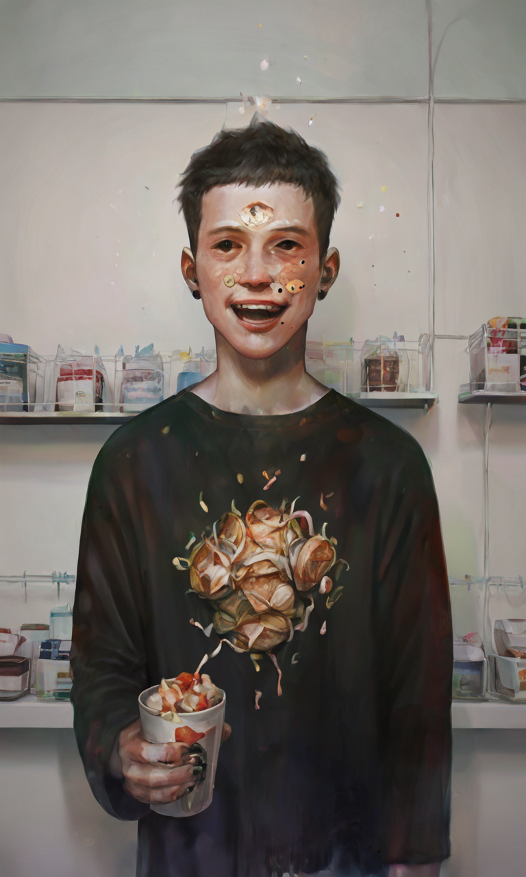 score_9, score_8_up, score_7_up, score_6_up, score_5_up, score_4_up, xhxix style, cup, mole, smile, open mouth, black eyes, looking at viewer, 1boy, holding, :d, black hair, food, symbolism, male focus, shirt, black shirt