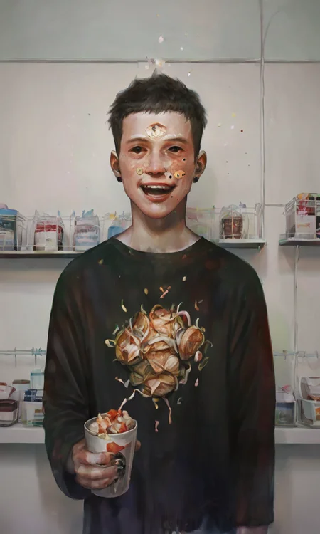 score_9, score_8_up, score_7_up, score_6_up, score_5_up, score_4_up, xhxix style, cup, mole, smile, open mouth, black eyes, looking at viewer, 1boy, holding, :d, black hair, food, symbolism, male focus, shirt, black shirt