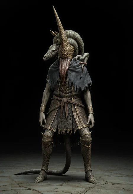 malformed hobo Miner lizardman in a roman soldier armor mixed with legionnaire attire, Toad shaped skull, elongated cobra neck, horse hoofs instead of legs
Standing on a flat ground
Set against a solid dark black color background to emphasize its unsettling unnatural form that emphasizes its silhouette. The medium is not a traditional painting or illustrative medium like watercolor or ink but rather a digital 3D rendering.
MikeFranchinastyle, bbstyle,, horror theme,, ZBClay model of a gray sculpture, zbrush, d4arks0uls, overcast lighting