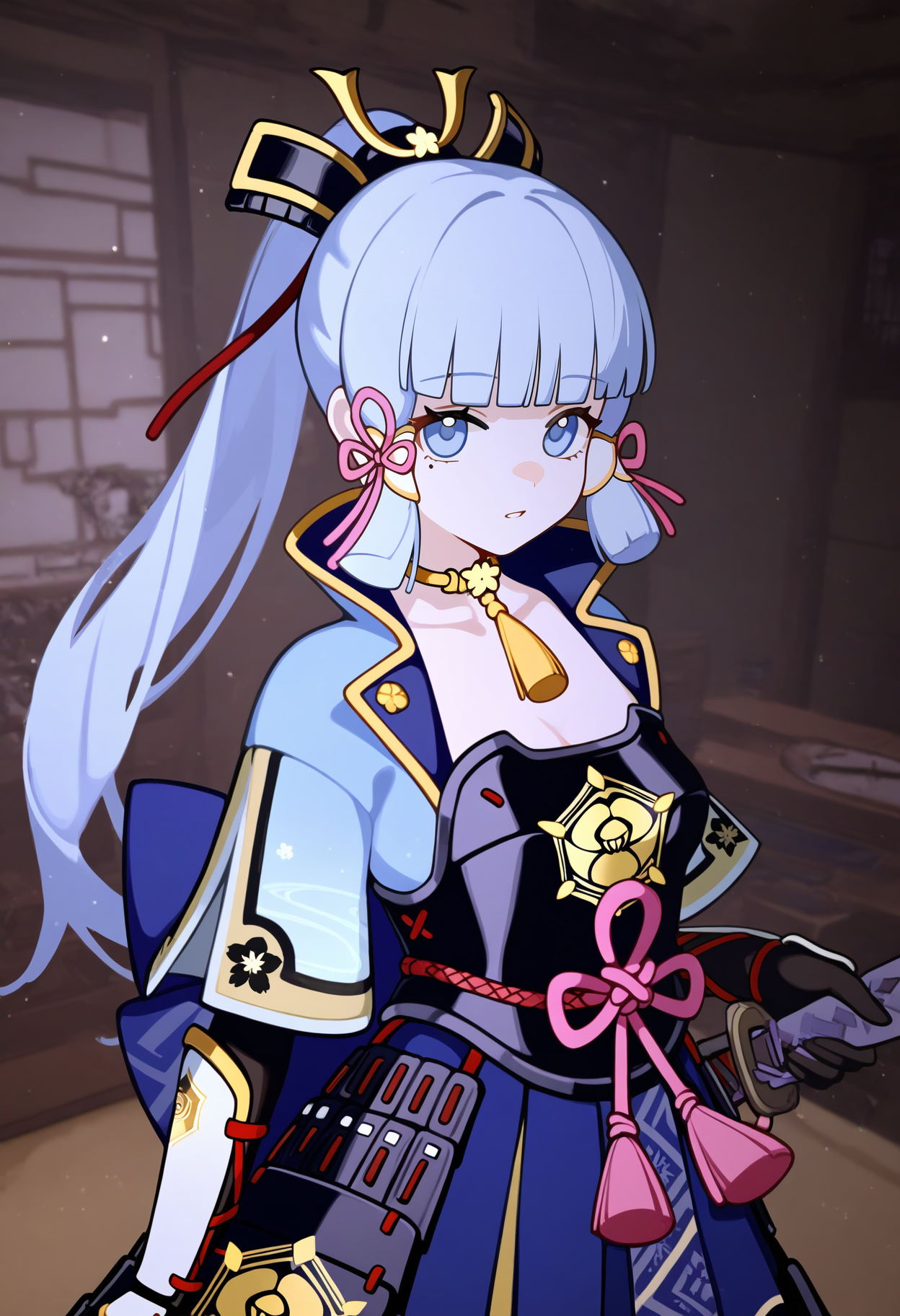 half-ai_creator, 
1girl, kamisato ayaka, solo, long hair, blunt bangs, blue hair, blue eyes, looking at viewer, ponytail, mole under eye, mole, weapon, gloves, breasts, black gloves, light blue hair, hair ornament, indoors, parted lips, ribbon, hair ribbon, japanese clothes, choker, sidelocks
, masterpiece, best quality, good quality, 
<lora:ai_styles_collection_noob_vpred-1.0-v6-edm2-pass:1>