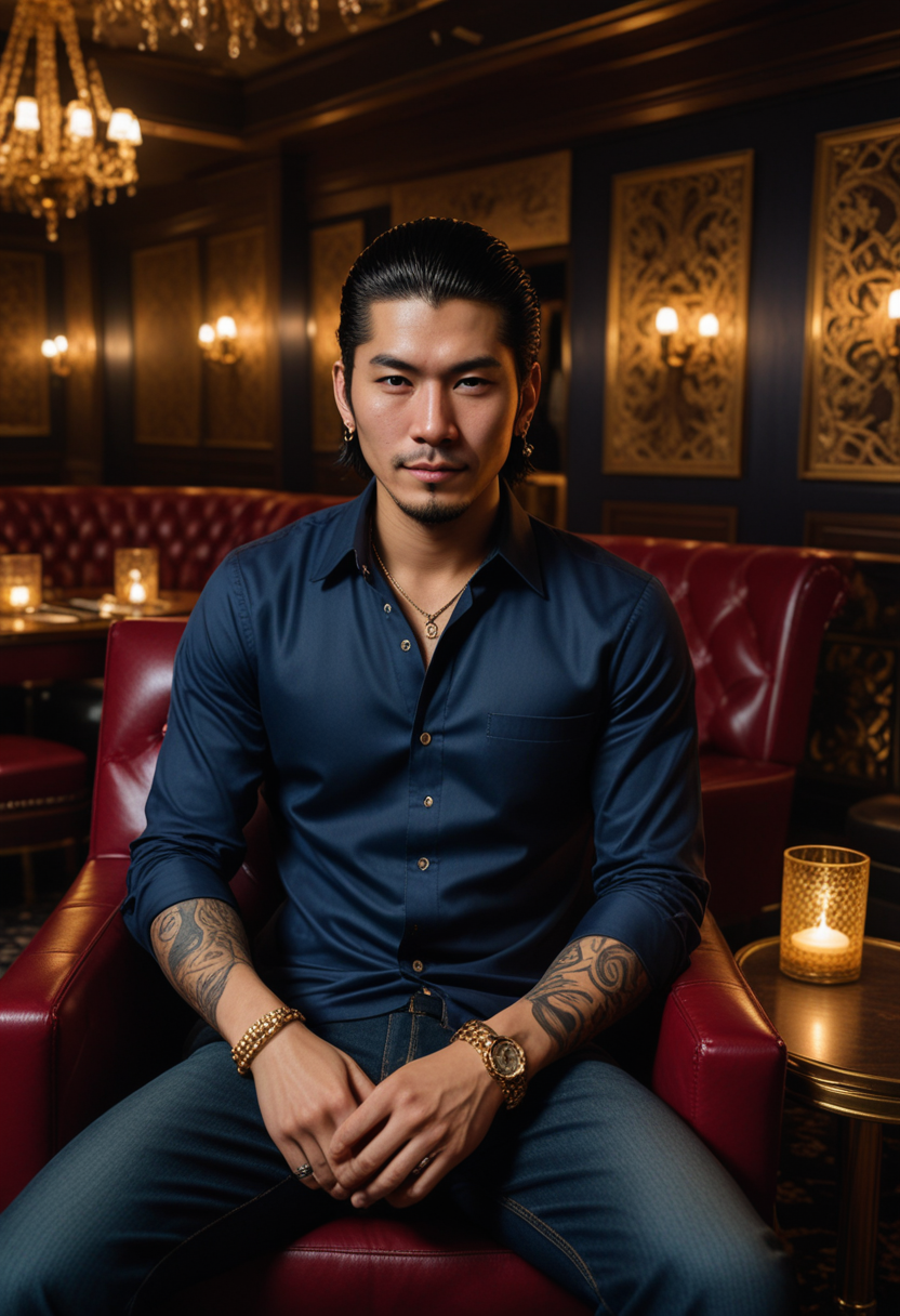 (medium full shot) of man, scar on nose, yakuza wearing a navy button-up shirt, dark jeans, leather shoes, gold chain, man smiling at the viewer, set in  Nightclub, VIP Lounge, plush sofas and armchairs, low tables with candles, velvet rope entrance, exclusive atmosphere, ambient music, Masterpiece,best quality, photo, realistic, very aesthetic, detailed face,