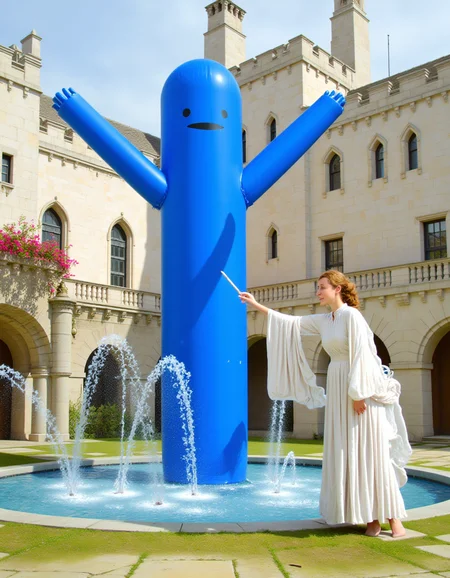 best quality, masterpiece (quality),
a fantasy painting of  an blue inflatable tube man with his arms raised, with a female elf in white robes  dancing, 
outdoors, castle courtyard, fountain,, 
<lora:inflatable_tube_man-flux-v1:1>  tub3m4n, <lora:TedNasmith_MiddleEarth-flux:1.25> ohwx,