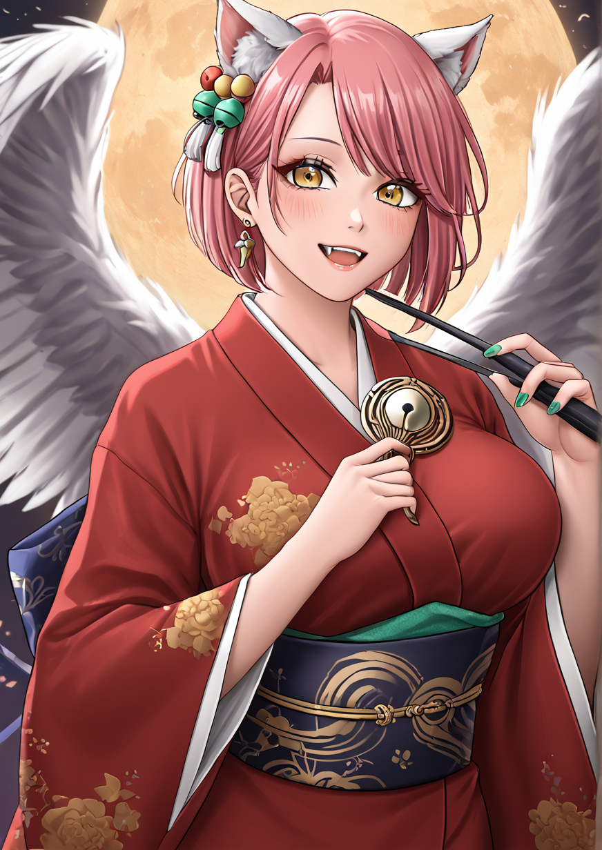 1girl, mystia lorelei, huge breast, animal ears, bird ears, bird wings, blush, chinese zodiac, earrings, fang, fingernails, green nails, hagoita, hair ornament, hanetsuki, japanese clothes, jewelry, kimono, long fingernails, long sleeves, nail polish, obi, open mouth, paddle, pink hair, red kimono, sash, sharp fingernails, short hair, single earring, smile, solo, upper body, white wings, wide sleeves, wings, year of the rooster, yellow eyes, zPDXL3,handfixer <lora:HandFixer_pdxl_Incrs_v1:1><lora:Bailey_McPatty:0.8>