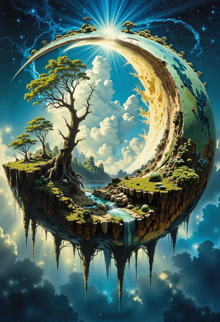 earth like crescent moon, with trees, grass, water, roots, with shimmering stardust cascading like a veil from its edges. <lora:aidmaImageUpgrader-FLUX-V0.2.safetensors:0.66>, <lora:ancient.safetensors:0.4>,   <lora:artilands.safetensors:1.0>,  <lora:Movie_Portrait.safetensors:0.8>,  <lora:- Flux1 - soothing_atmo_V2.0.safetensors:0.4>,  <lora:lith_mimosa_kiel_grw134_FLUX.safetensors:0.7>,