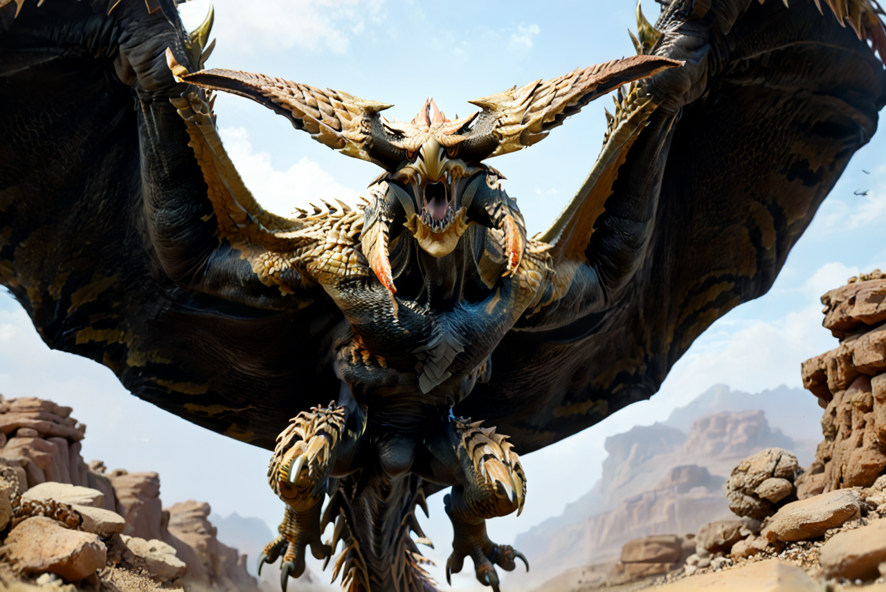 source_furry, score_9, score_8_up, score_7_up, (reydau_wilds, wyvern, feral), scalie, yellow scales, black underbelly, black scales, horns, fangs, teeth, sharp teeth, amber eyes, detailed eyes, long neck, spikes, claws, tail, spiked tail, winged arms, wings, <lora:MH_ReyDauPony:0.8>, outdoors, desert setting, midair, flying, view from below, look down at viewer, looking angry, open mouth, roaring, spreading wings, <lora:Add_DetailedEyesPony:0.8>, <lora:add-detail-xl:0.8>, zPDXL2, zPDXLpg, zPDXLrl, best quality, highly detailed, extreme details, masterpiece, photorealistic, hyperrealistic, ultra realistic, hdr, 4k, uhd, ray tracing, shaded