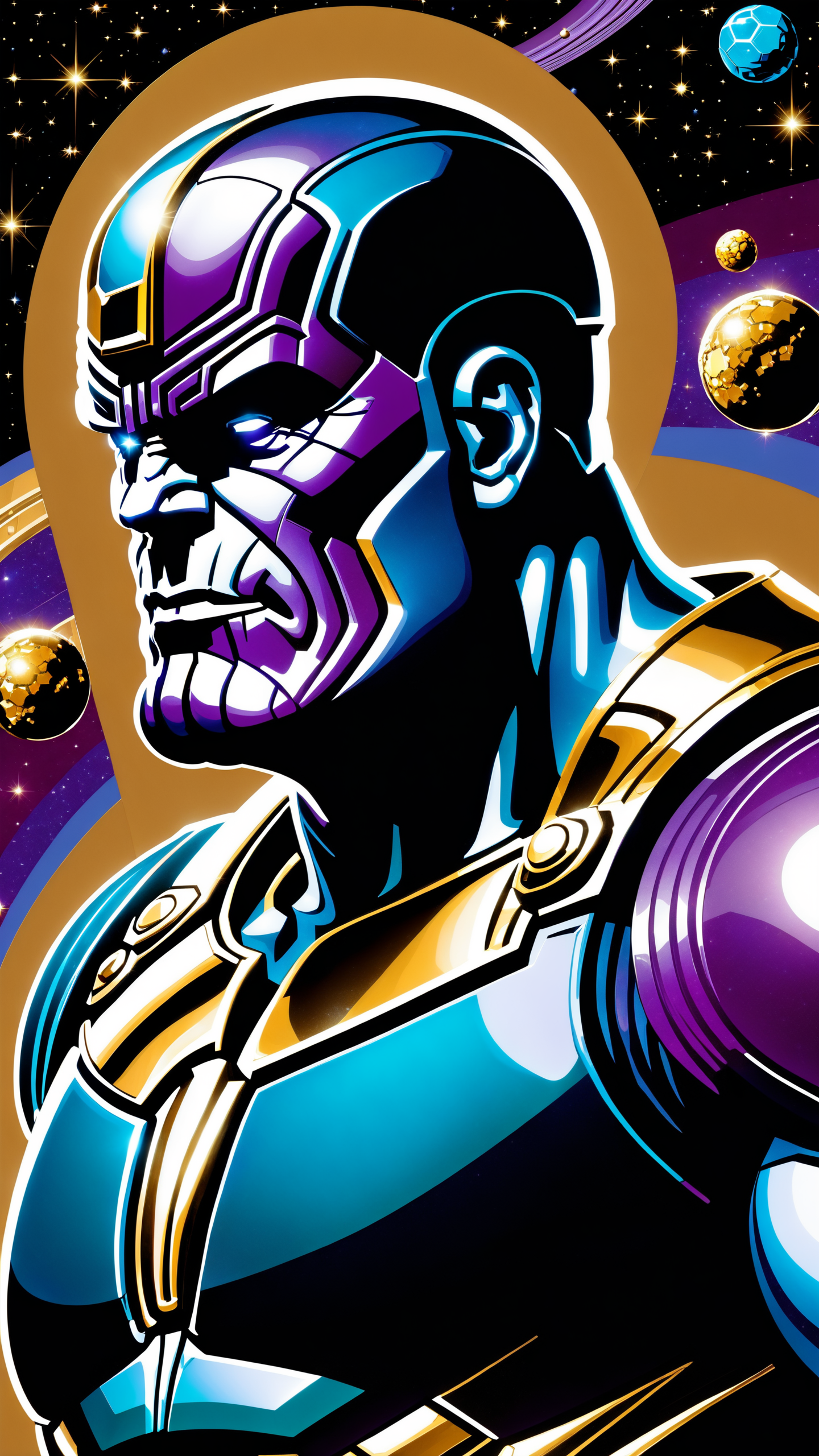 thanos, bald, distant planet, infinity gauntlet, 8k wallpaper, highly detailed, (style of Richard Corben:1.5), hologram floating in space, a vibrant digital illustration,  <lora:xl_yamer_style-1.0:1>, dribbble, quantum wavetracing, black background, behance hd