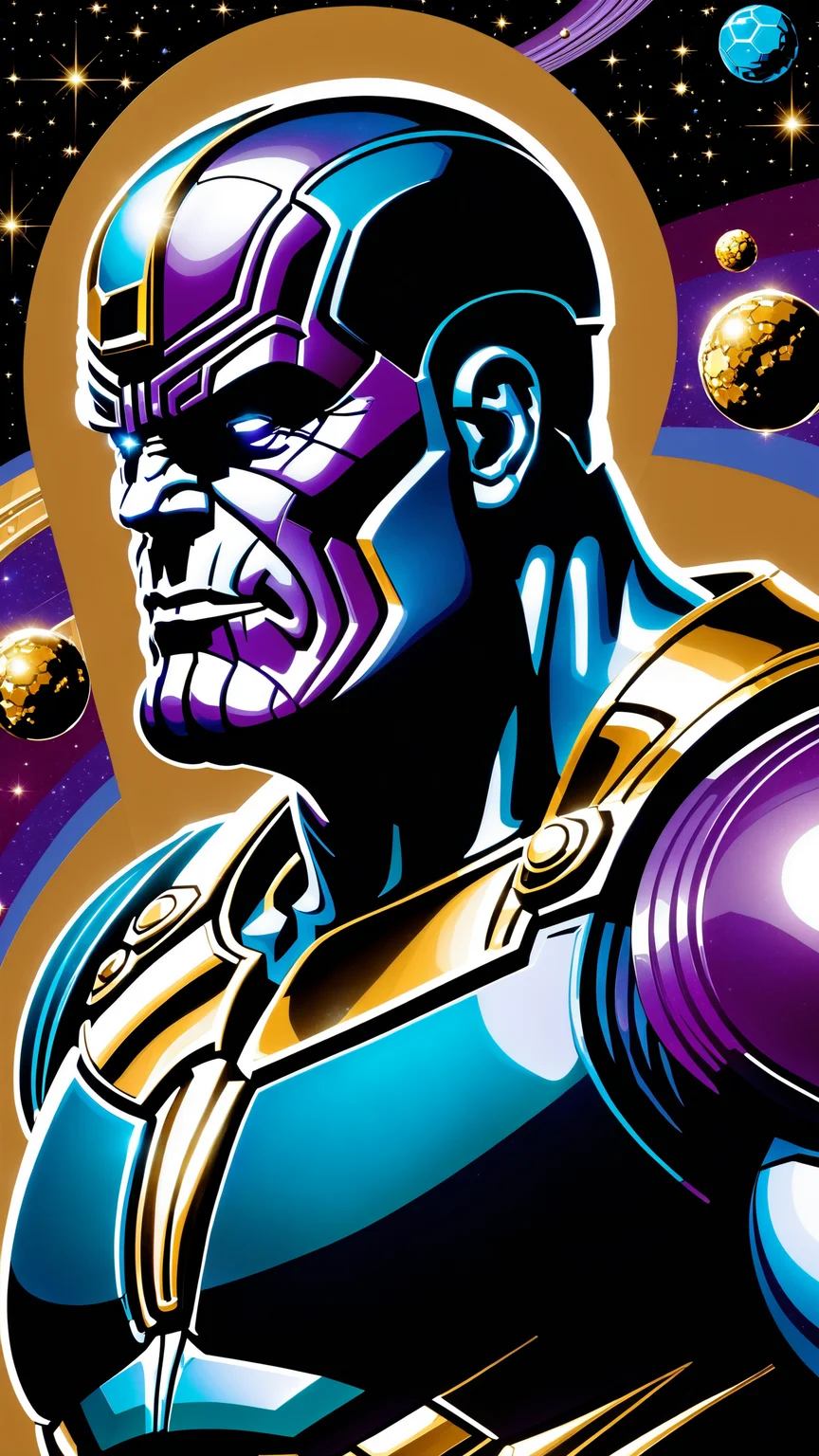 thanos, bald, distant planet, infinity gauntlet, 8k wallpaper, highly detailed, (style of Richard Corben:1.5), hologram floating in space, a vibrant digital illustration, <lora:xl_yamer_style-1.0:1>, dribbble, quantum wavetracing, black background, behance hd