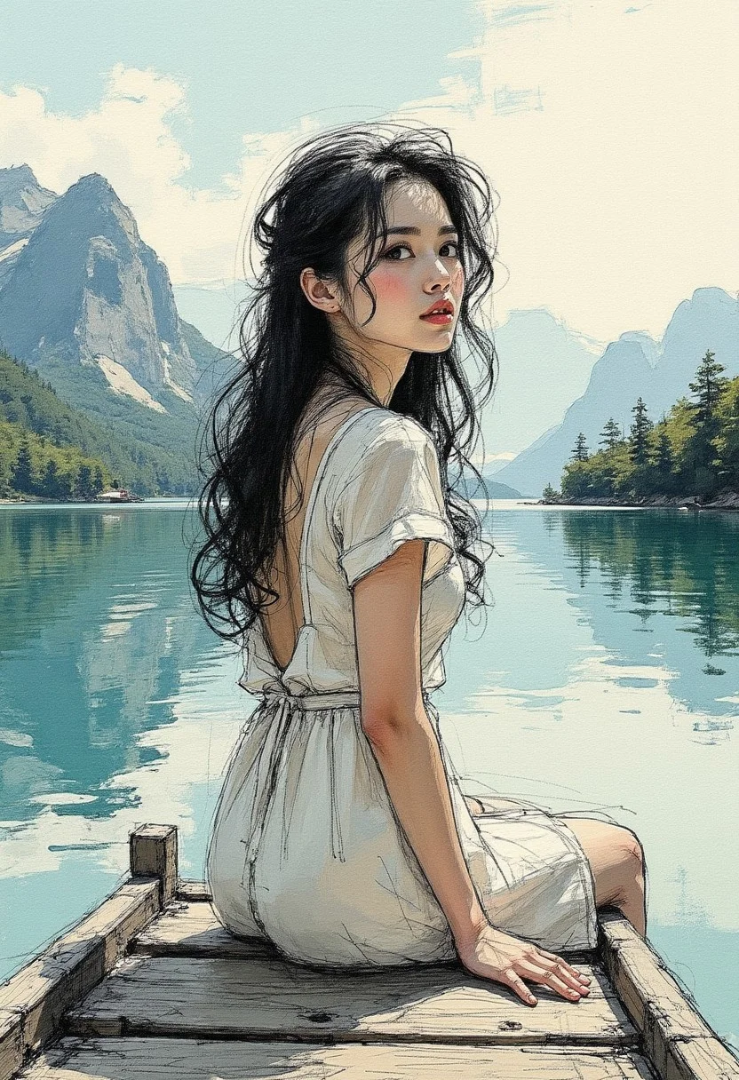 colored sketch in the style of ck-ccd, young Asian woman in a summer dress, long loose hair, sitting at the end of a jetty on tranquil mountain lake, with mountains in the background