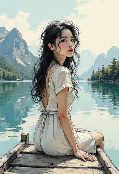 colored sketch in the style of ck-ccd, young Asian woman in a summer dress, long loose hair, sitting at the end of a jetty on  tranquil mountain lake, with mountains in the background