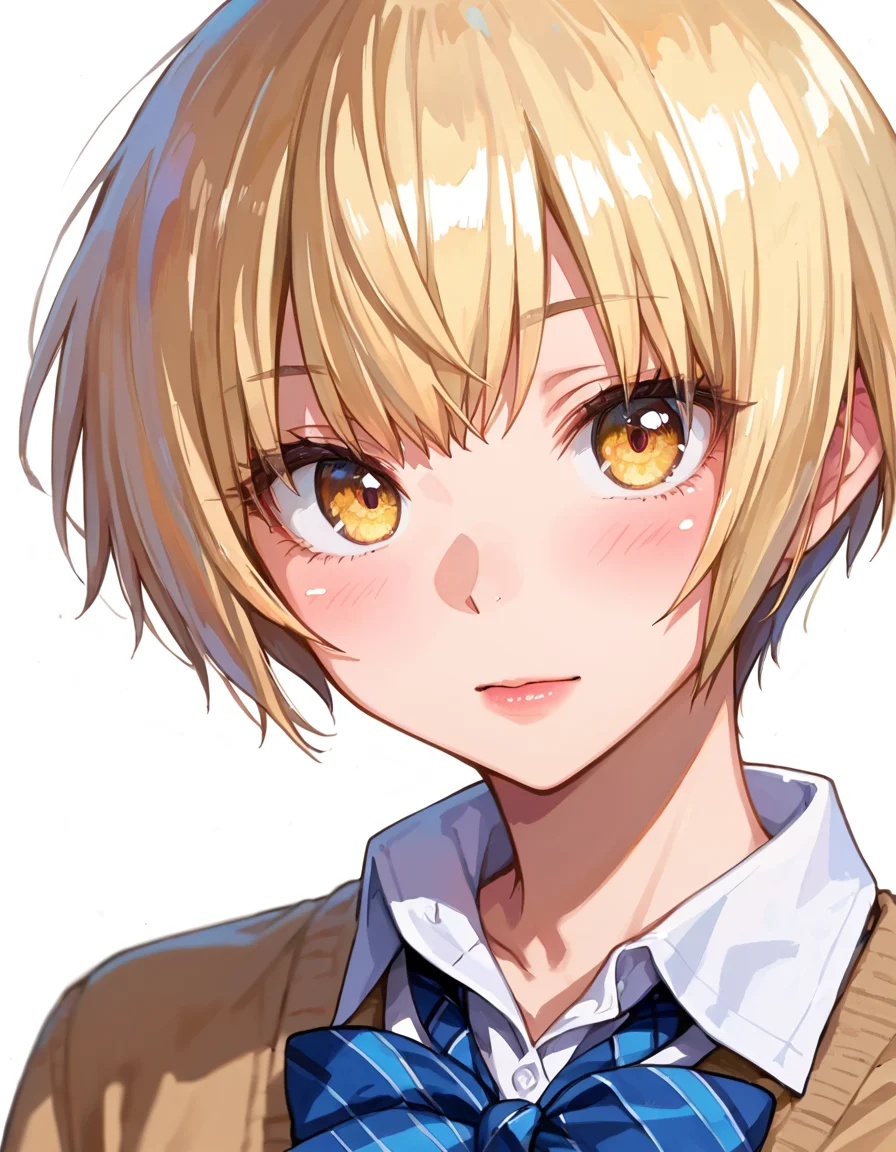 score_9, score_8_up, score_7_up, source_anime, anime screencap, anime coloring, masterpiece, best quality, traditional media, uncensored, 1girl, solo, (portrait:1.2), shina kitajima, yellow eyes, blonde hair, short hair, bangs, medium breasts, school uniform, collared shirt, cardigan, long sleeves, sleeves past wrists, plaid skirt, pleated skirt, bowtie, striped bow, <lora:Shina Kitajima_Silhouette_Pony:1.0> cute face, shiny body, shiny skin, (skindentation:1.2), clear skin, shiny hair, ultra detailed eyes, depth of field, sharp, (intricate details, hyperdetailed:1.15)