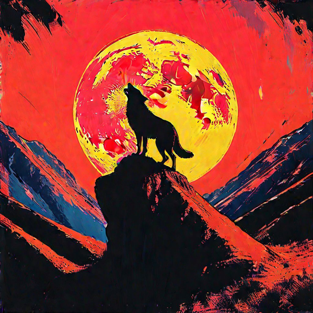 impactful color paint of, 1 Wolf standing on top of a cliff under 1 red moon, howling, black silhouette  red moon, black cliff, black  sky, highly detailed, vibrant colors, 8k, sharp, professional, clear, high contrast, high saturated, vivid deep blacks, crystal clear