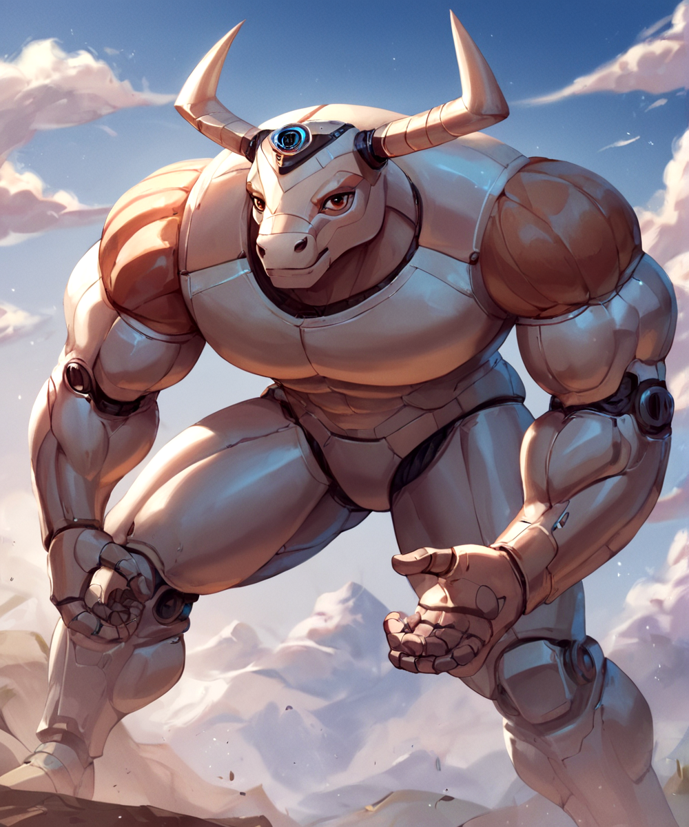 score_9, score_8_up, score_7_up,
<lora:Mumbo_Jumbo_(Silverhawks)_(Pony)_(AD):1> Mumbo Jumbo, Silverhawks_cartoon, robot, muscular, gold chrome, copper chrome, bronze chrome, metal body, horns, brown eyes,
8K, In'ei, chiaroscuro, depth of field, clear_eyes,
perfect hands, perfect proportions, peak physical perfection, perfect male physique, powerful muscular body,
dynamic pose, detailed anime background, detailed photographic fluffy anime clouds, masterclass anime, smooth metal body, bull robot, full metal body, 
BREAK zPDXL, zPDXLxxx,