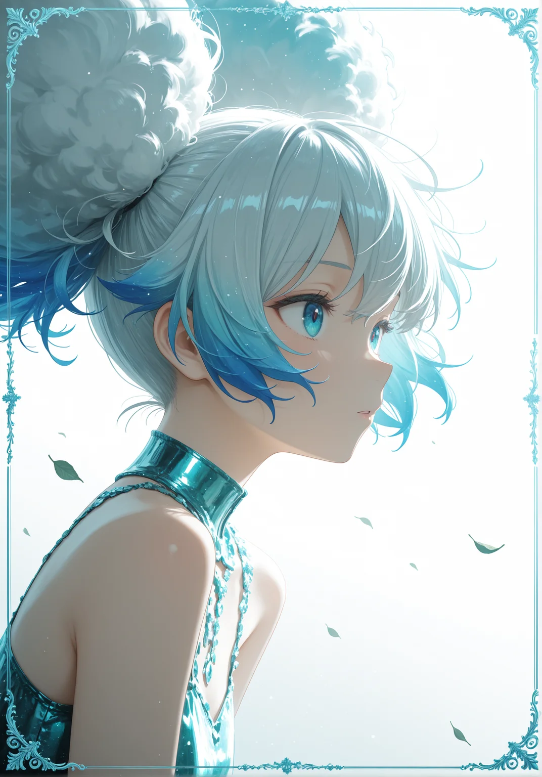 masterpiece, best quality, good quality,
anime character, solo, girl, water particles, general, white background, pure, iridescent sidelighting, clear outlines, floral, white hair, cover art, official art design, character design, protected link, dark_indigo backgound, stylized angle, wind, green falling leaves, scent, fresh,
[shibafu \(glock23\), yuebaihezi, rella],
texture masterpiece, best quality, best quality, [quasarcake:crain1art:9], [dlgeria::9], (xxyt-xx:0.85), chen bin, (as109:0.5), fagun_yibei, berryverrine,
cinematic, 1girl, gradient indigo [monochrome], fluffy hair, (from_side:0.67), looking ahead, afro puffs, hair_flaps, big hair, animal_ears, simple background, thick outlines,
absurdres, best quality, amazing quality, very aesthetic, absurdres, (flat 2d vector style), (minimalist material icon:1.2), Ay-O, a character portrait, (no lineart:1.3), top down, close-up,
1girl, solo, eye focus, teal and white theme, eyes, magenta, glitter, water particles, high neon ambience, wind, (from side:0.85), looking_ahead, ornate border, gradient fusion, background gradient, beautiful