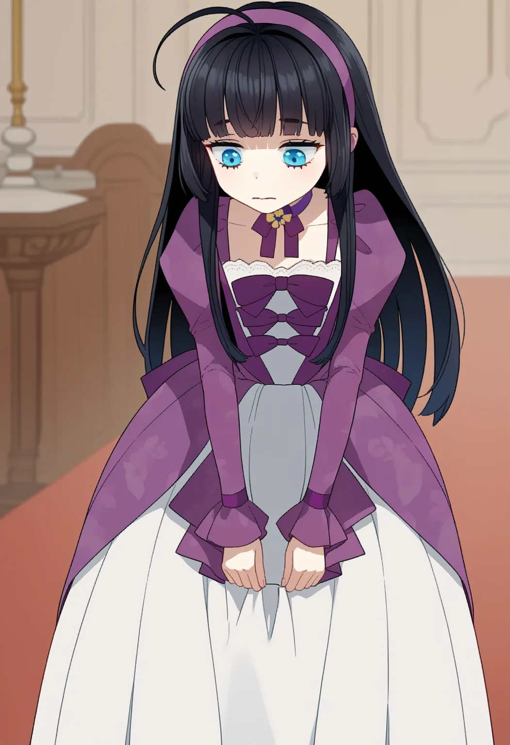 score_9, score_8_up, score_7_up, source_anime, ,
BREAK
1girl, solo,
<lora:shiAbiDaughtV1:1>,
shiabidaupurp, vnstyle,
black hair, blue eyes, long hair, ahoge, purple hairband, blunt bangs, hime cut,
white dress, purple bow, purple choker, ribbon choker, puffy sleeves, long sleeves,
looking down, leaning forward, skirt hold,