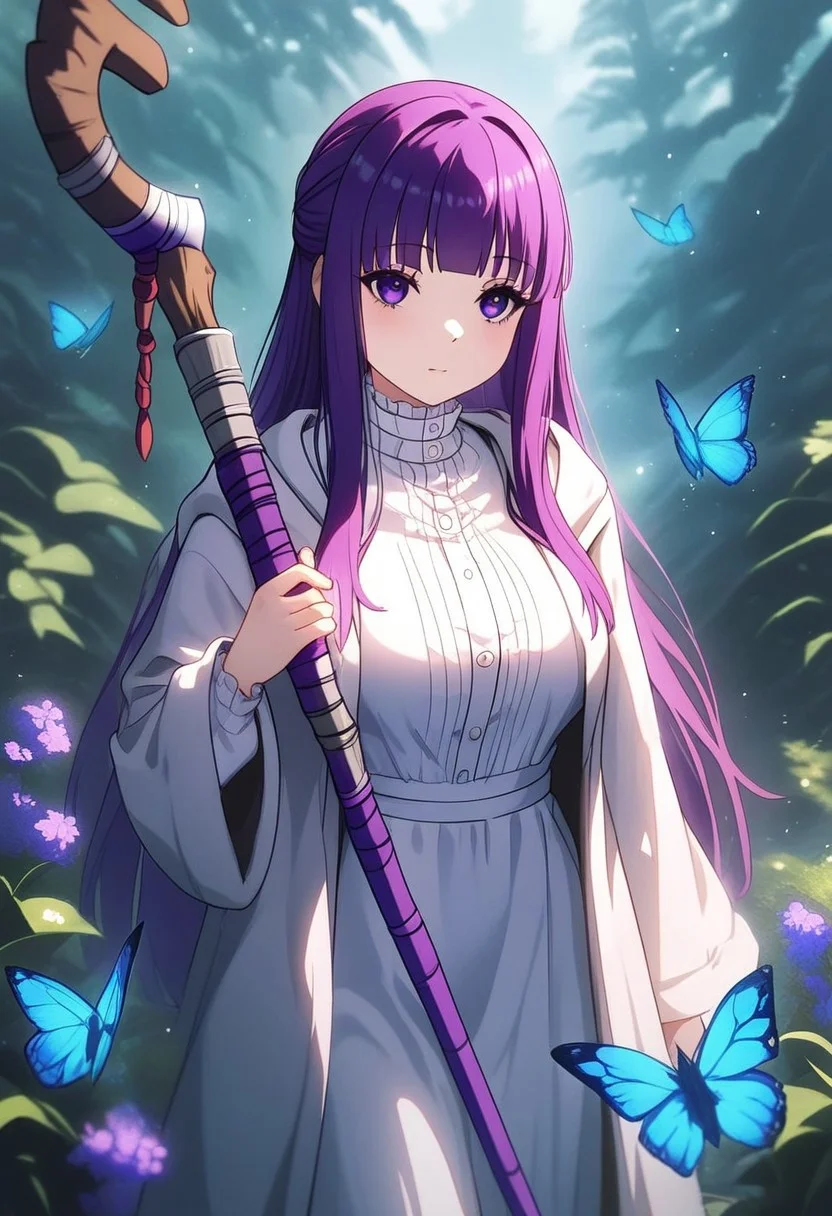 fern \(sousou no frieren\), 1girl, blue butterfly, breasts, bug, butterfly, closed mouth, dress, holding, holding weapon, insect, large breasts, light particles, long hair, mage staff, outdoors, purple eyes, purple hair, robe, , solo, staff, weapon, white robe, msk12003, masterpiece, best quality, very aesthetic, absurdres
