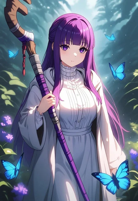 fern \(sousou no frieren\), 1girl, blue butterfly, breasts, bug, butterfly, closed mouth, dress, holding, holding weapon, insect, large breasts, light particles, long hair, mage staff, outdoors, purple eyes, purple hair, robe, , solo, staff, weapon, white robe, msk12003, masterpiece, best quality, very aesthetic, absurdres