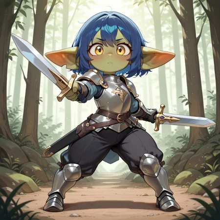 masterpiece, best quality, amazing quality, very aesthetic, solo, full body,
goblin, short stature, shortstack, long pointed ears, big eyes,
1girl, female focus, blue hair, short hair, yellow eyes, green skin, grey armor, black pants,
(looking at viewer:1.2), posing,
forest, dynamic pose, fighting pose, Holding a sword, weapon,