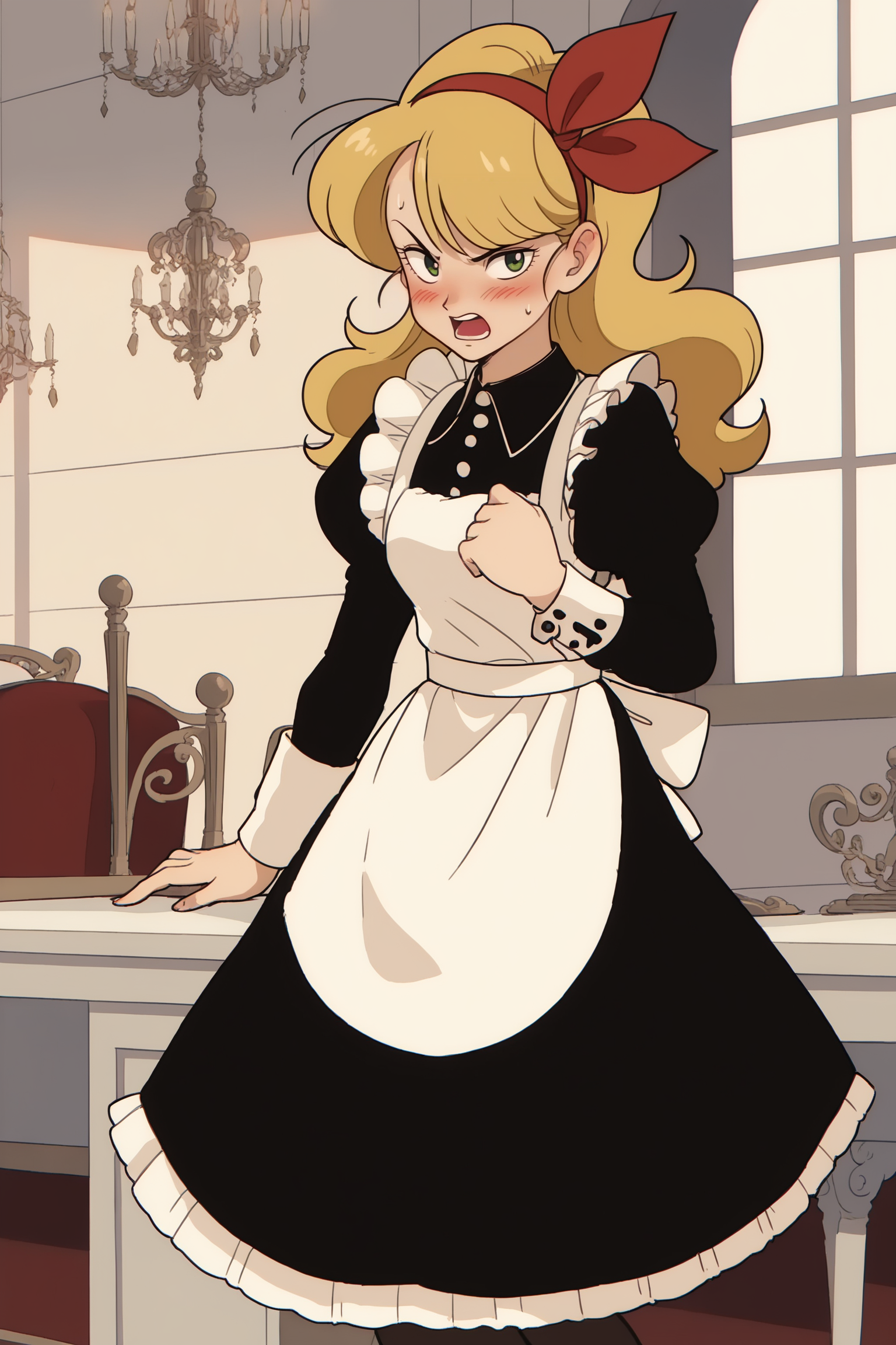 source_anime, score_9, score_8_up, score_7_up, anime screencap, absurdres, high quality,
launch bad, official style, 1girl, solo, long hair, looking at viewer, blush, open mouth, bangs, blonde hair, long sleeves, mansion, green eyes, standing, hair ribbon, pantyhose, clothes grab, frills, teeth, alternate costume, puffy sleeves, sweatdrop, apron, black dress, red bow, black pantyhose, maid, feet out of frame, embarrassed, juliet sleeves, white apron, maid apron, red hairband, v-shaped eyebrows, indoors, dappled sunlight, 
 <lora:Launch_v1:0.8>