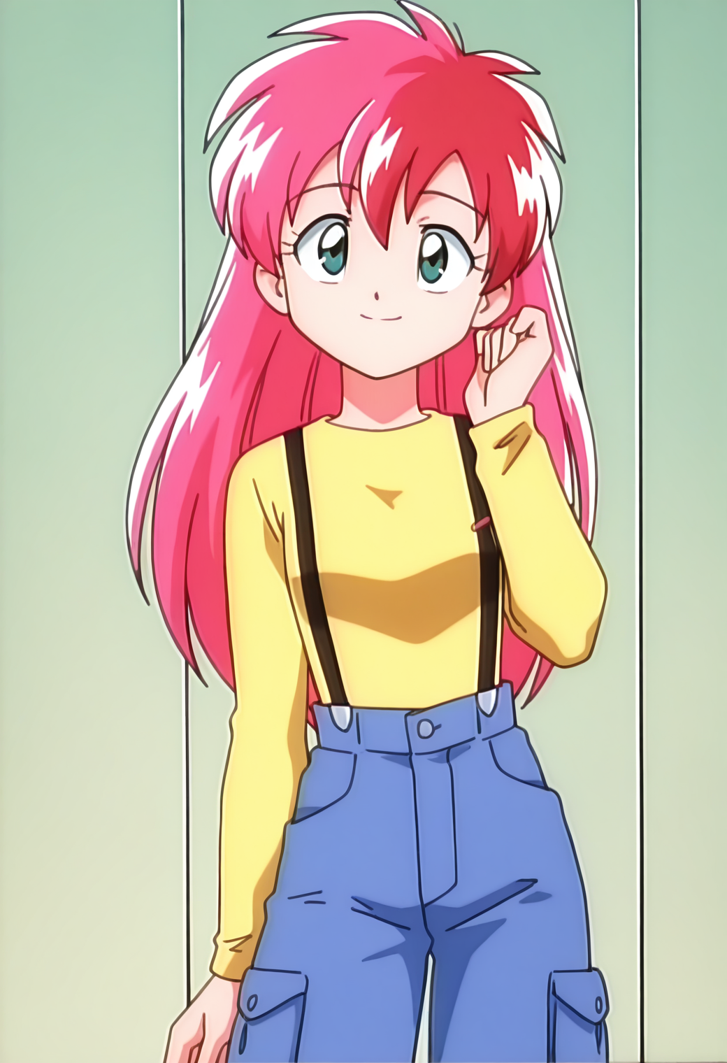 masterpiece, best quality, very aesthetic, absurdres, 1girl, solo, 1990s \(style\),
<lora:yamato_sora_v01:0.9>, <lora:outline_xl_kohaku_delta_spv5x:-1>, yamato_sora, sora_normal, two-tone hair, pink hair, red hair, long hair, green eyes,
yellow shirt, long sleeves, suspenders, denim pants, pocket, smile, posing