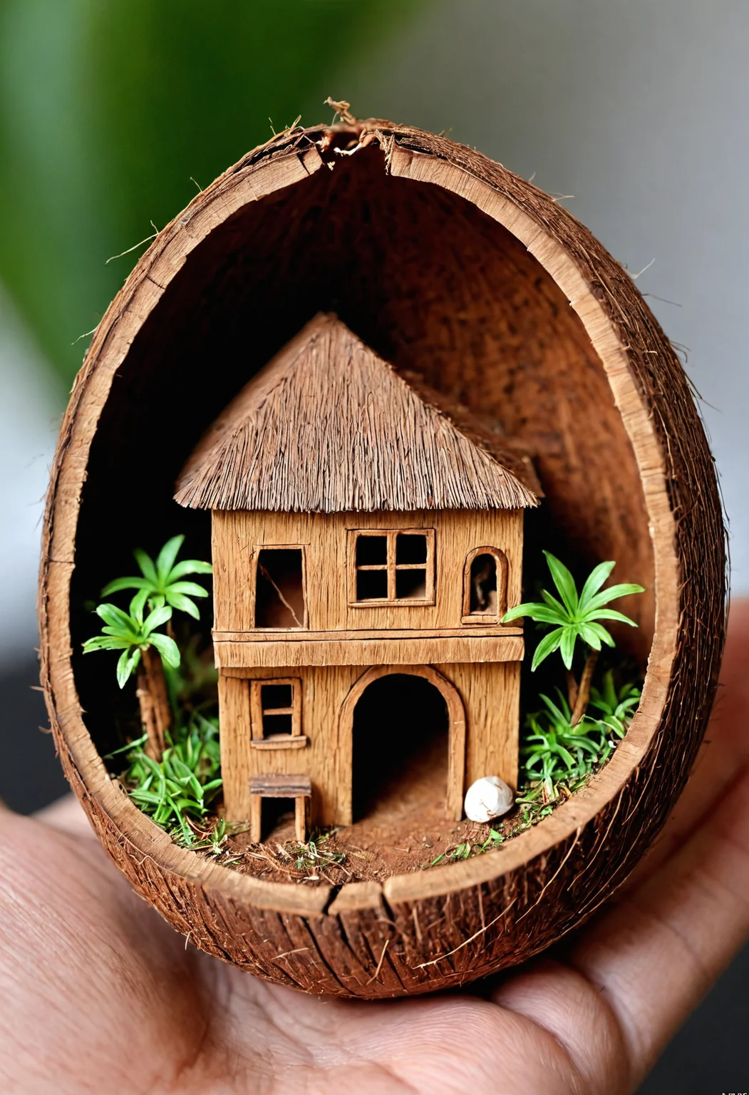 a miniature house in half a coconut shell, 2 floor, miniature fourniture, intricate , macro lens, by artgerm, wlop