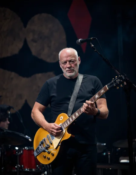 <lora:DAVID_GILMOUR:1>This is a photograph of an older man playing an electric guitar on stage. The man has a bald head and a full silver neaty trimmed beard, giving him a distinguished appearance. He is dressed casually in a plain black t-shirt and dark pants. A black leather strap is slung diagonally across his chest, holding his guitar in place. He is playing a golden Gibson Les Paul electric guitar, which has a shiny metallic finish and classic Gibson features like the trapeze tailpiece and the iconic headstock with the Gibson logo. The guitar is connected to an amplifier and a microphone stand, suggesting he is performing live.
In the background, there is a large, dark, and slightly blurred stage backdrop, which adds depth and a sense of grandeur to the scene. The backdrop has a textured, abstract design with hints of red and black, enhancing the stageâs atmosphere. The lighting is bright, highlighting the man and his guitar while casting soft shadows. The overall mood is lively and energetic, reflecting the excitement of a live musical performance. The image captures the essence of a seasoned musician engaged in his craft, with the details and textures of both the man and his guitar vividly portrayed.