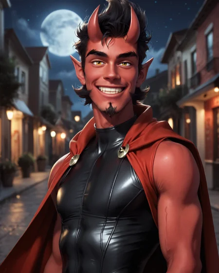 score_9, score_8_up, score_7_up, intricate details, rating_questionable,
<lora:homri52:1>
,
<lora:Hellbent_Planet_Dolan_Demon_Youtube_:0.8>, 1boy(Hellbent, Red skin, Yellow eyes, goatee facial hair, black hair, horns, demon tail, thick eyebrows, male, looking at the viewer, solo, happy,
red cloak, sleeveless tight bodysuit), outdoors, at night, darkness
,
4k,
detailed background, depth of field,
<lora:ral-chrosc-clr:0.5>, ral-chrosc-clr,
<lora:Expressive_H:0.5>, Expressiveh,
<lora:xl_more_art-full_v1:0.3>,
<lora:add-detail-xl:0.3>,