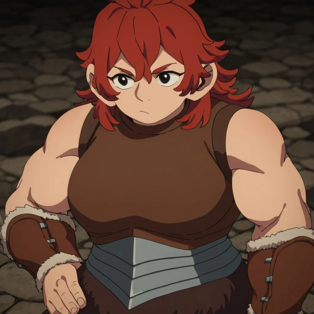 masterpiece, best quality, newest, absurdres, highres,
DMStyle-DmpackV1.0, official style,
DMPACK-1-Namari, dwarf, dwarf female, shor, shortstack short posture, red hair, black eyes, armor, leather armor, muscular female,