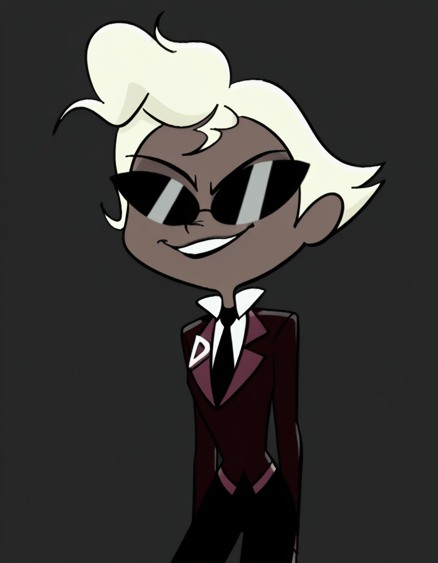<lora:Agent2Illustrious1.0JLFO:1> agent2, 1girl, solo, blonde hair, suit, formal, sunglasses, necktie, short hair, female focus, black necktie, smile, dark skin, long sleeves, pants, looking at viewer, cowboy shot,simple background,