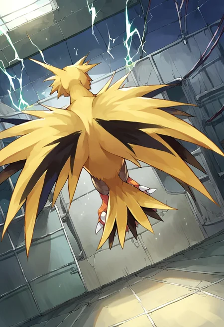 score_9,score_8_up,score_7_up,source_anime,zPDXL3,indoors,tiles,factory,electricity,flying,
*//*,<lora:Poke_Zapdos-Pony:1>,zapdos_def,solo,no humans,pokemon (creature),bird,talons,claws,full body,
*//*,cowboy shot,dutch angle,dynamic pose,from behind,