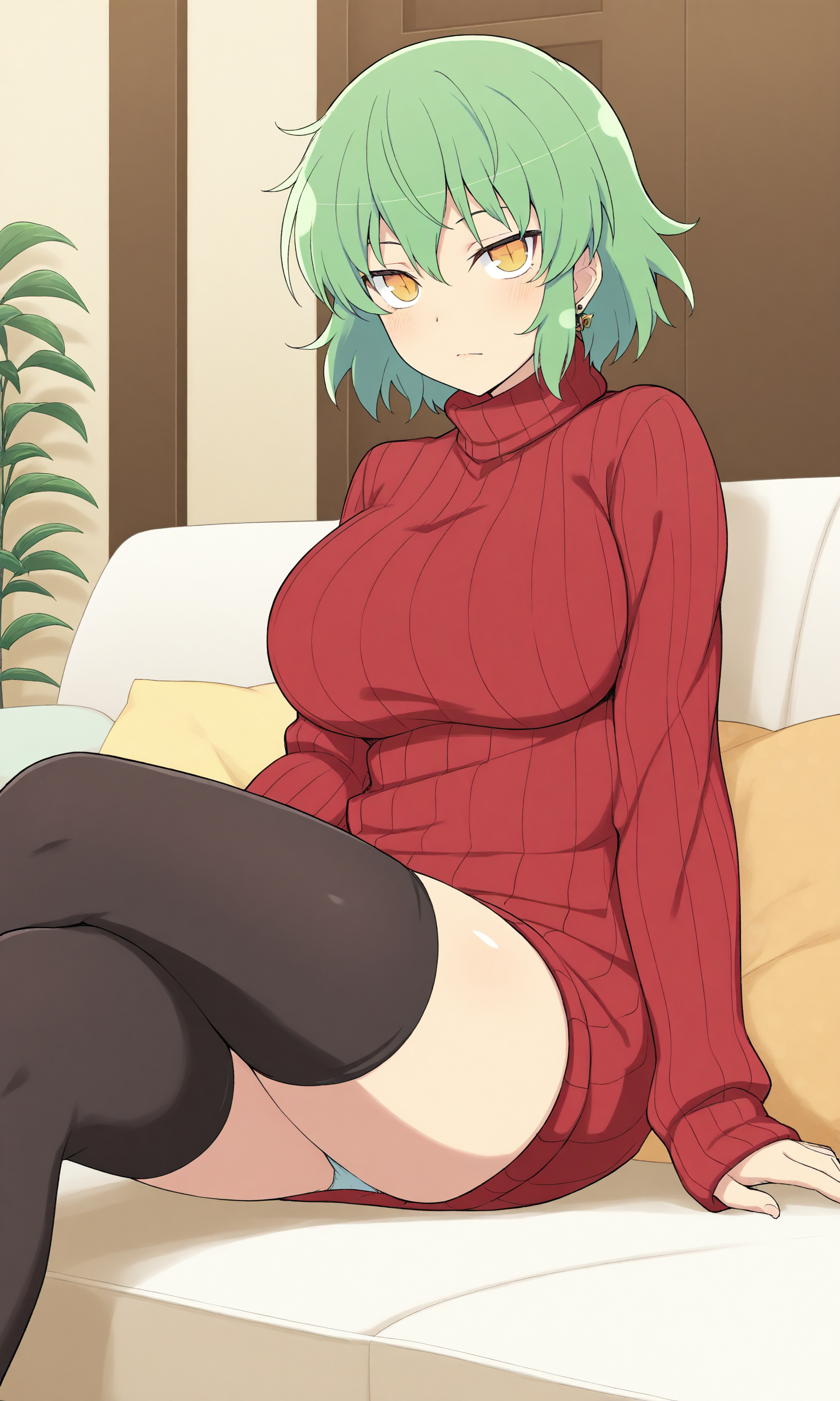 masterpiece, best quality, high resolution, absurdres, 1girl, hikagsen, yellow_eyes, slit_pupils, green_hair, short_hair, large_breasts, earrings, ribbed_sweater, turtleneck_sweater, red_sweater, long_sleeves, black_thighhighs, sitting, crossed_legs, indoors, on_sofa, looking_at_viewer, panties, blush, closed_mouth,