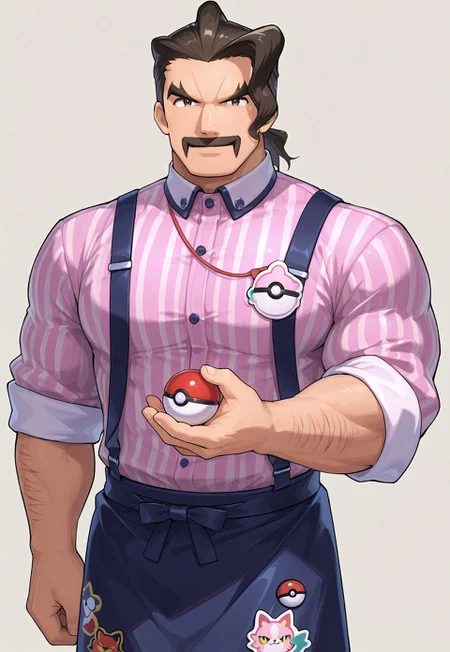 safe_pos, safe_pos,masterpiece,best quality, newest, absurdres, highres Saguaro,stripe shirt,suspenders,blue waist apron with cute sticker,wine red pant,smile,manly face,(have a PokeBall in hand.1.5)