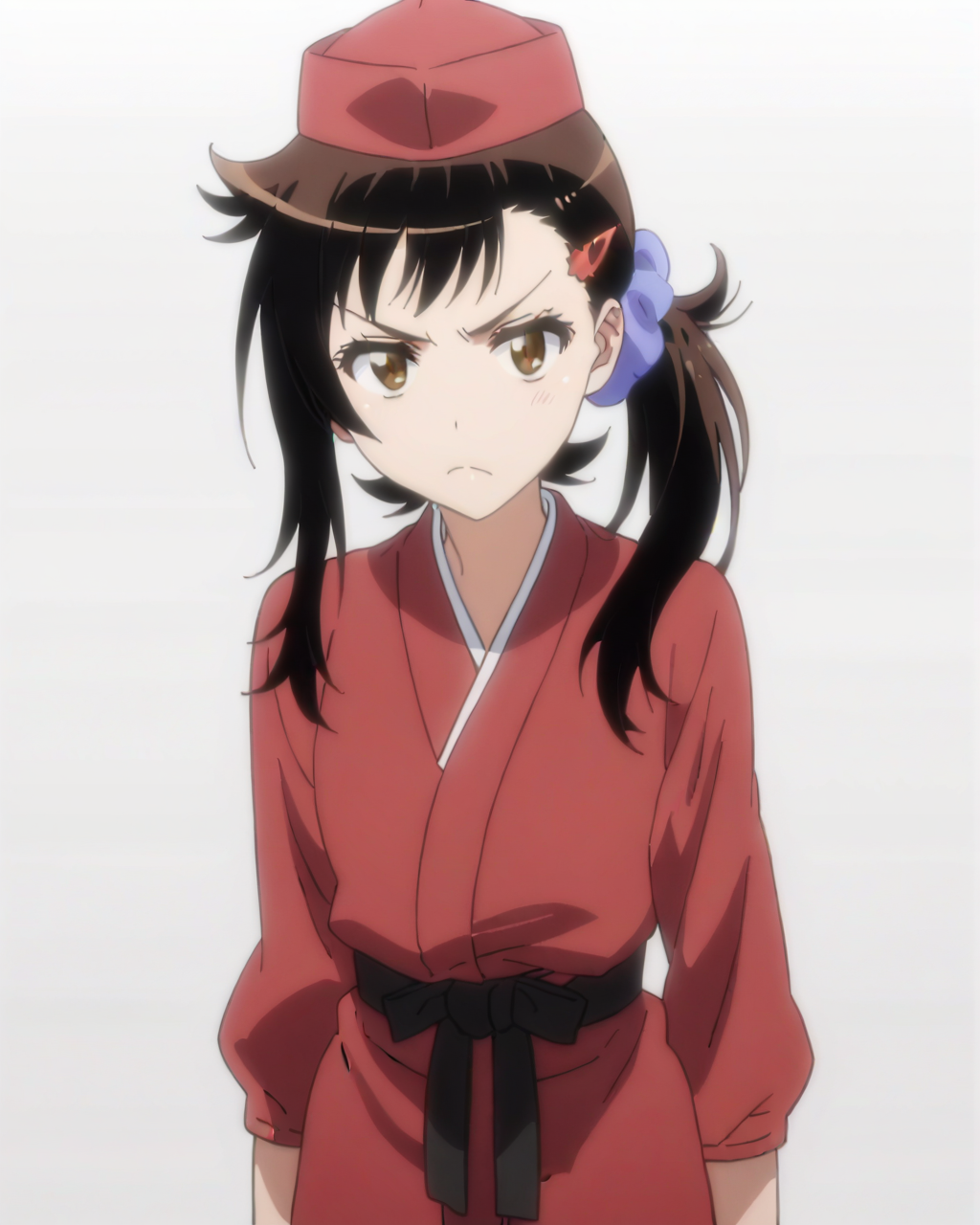 score_9, score_8_up, score_7_up, best quality, masterpiece, anime, anime screencap, anime coloring, looking at viewer, 1girl, solo, upper body, (simple background, solid white background:1.3), <lora:haru-nisekoi:0.8>, haru onodera, side ponytail, scrunchie, hair ornament, hairclip, cardigan, japanese clothes, red kimono, red hat, closed mouth, pout