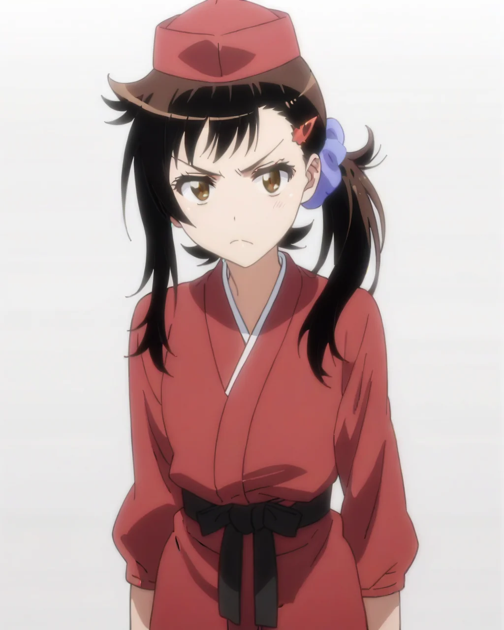 score_9, score_8_up, score_7_up, best quality, masterpiece, anime, anime screencap, anime coloring, looking at viewer, 1girl, solo, upper body, (simple background, solid white background:1.3), <lora:haru-nisekoi:0.8>, haru onodera, side ponytail, scrunchie, hair ornament, hairclip, cardigan, japanese clothes, red kimono, red hat, closed mouth, pout