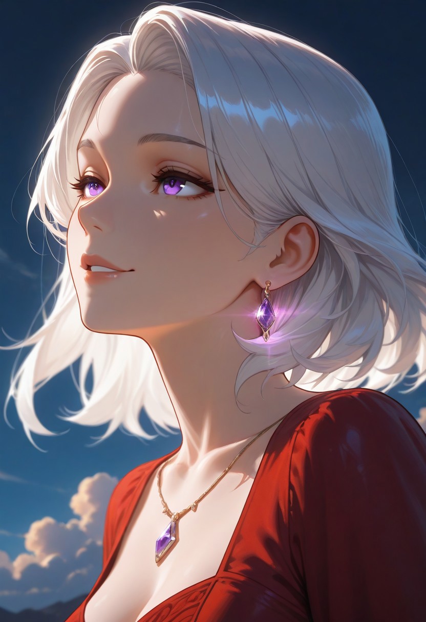 1girl, mature woman, older woman, mature, Aerea Targaryen, A song of Ice and Fire, DnD, Long Lustrious Hair, white Hair, Long white Hair, purple eyes, innocent eyes, young woman (between ages of 35-45), lovely smile, dark background, wearing a red dress, 1girl, childish features, sole girl, dynamic lighting, dynamic angle, cloud, volumetric lighting, blue sky, portrait, upper body,