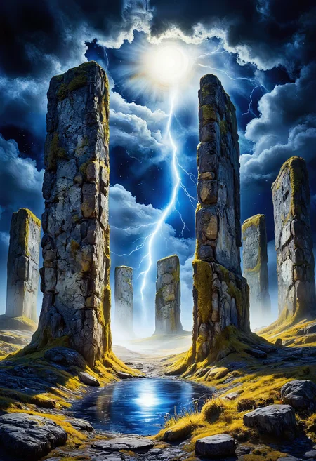 positiv Clip L: Studio Ghibli Dark Fairytale, DarkAtmosCE style, a vibrant, highly detailed digital watercolor painting, Art in the style of dark watercolor and ink. A surreal, moonlit scene of an ancient stone circle engulfed by a storm. The towering monoliths are cracked and overgrown with bioluminescent fungi, their surfaces carved with cryptic symbols that emit a ghostly silver glow. Above, a tempestuous sky swirls with inky black clouds, pierced by jagged bolts of lightning in electric blue. The ground is a tangled mess of dead roots and withered vines, shimmering faintly under the moonlight as if coated in frost. At the center of the circle, a pool of black water reflects the chaos above, its surface disturbed by phantom ripples from unseen forces. Wisps of spectral light â pale blue and sulfurous yellow â drift between the stones like lost souls, merging with the stormâs fury. The style blends bleeding watercolor washes (for the storm and mist) with sharp, intricate inkwork (for the textures of stone and lightning). The palette is dominated by midnight blues, ash grays, and venomous neon accents, creating a haunting balance between serenity and sinister energy. No living beings â only the raw, untamed magic of a forgotten ritual frozen in time positiv Clip G: Studio Ghibli Dark Fairytale, DarkAtmosCE style, a vibrant, highly detailed digital watercolor painting, Art in the style of dark watercolor and ink. A surreal, moonlit scene of an ancient stone circle engulfed by a storm. The towering monoliths are cracked and overgrown with bioluminescent fungi, their surfaces carved with cryptic symbols that emit a ghostly silver glow. Above, a tempestuous sky swirls with inky black clouds, pierced by jagged bolts of lightning in electric blue. The ground is a tangled mess of dead roots and withered vines, shimmering faintly under the moonlight as if coated in frost. At the center of the circle, a pool of black water reflects the chaos above, its surface disturbed by phantom ripples from unseen forces. Wisps of spectral light â pale blue and sulfurous yellow â drift between the stones like lost souls, merging with the stormâs fury. The style blends bleeding watercolor washes (for the storm and mist) with sharp, intricate inkwork (for the textures of stone and lightning). The palette is dominated by midnight blues, ash grays, and venomous neon accents, creating a haunting balance between serenity and sinister energy. No living beings â only the raw, untamed magic of a forgotten ritual frozen in time
