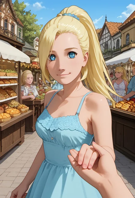 1girl, solo, score_9_up, score_8_up, score_7_up, score_6_up, cute face, detailed and beautiful face, detailed and beautiful eyes, cute girl, inoYamanakaPDXL, blonde, ponytail, blue eyes, medium breasts, sundress, walking in a marketplace, many food stalls, looking at the viewer, detailed, intricate details, realistic, FaceDetail, stunning, masterpiece, side view, smiling, closed mouth, holding hands, solo focus, pov hands, out of frame