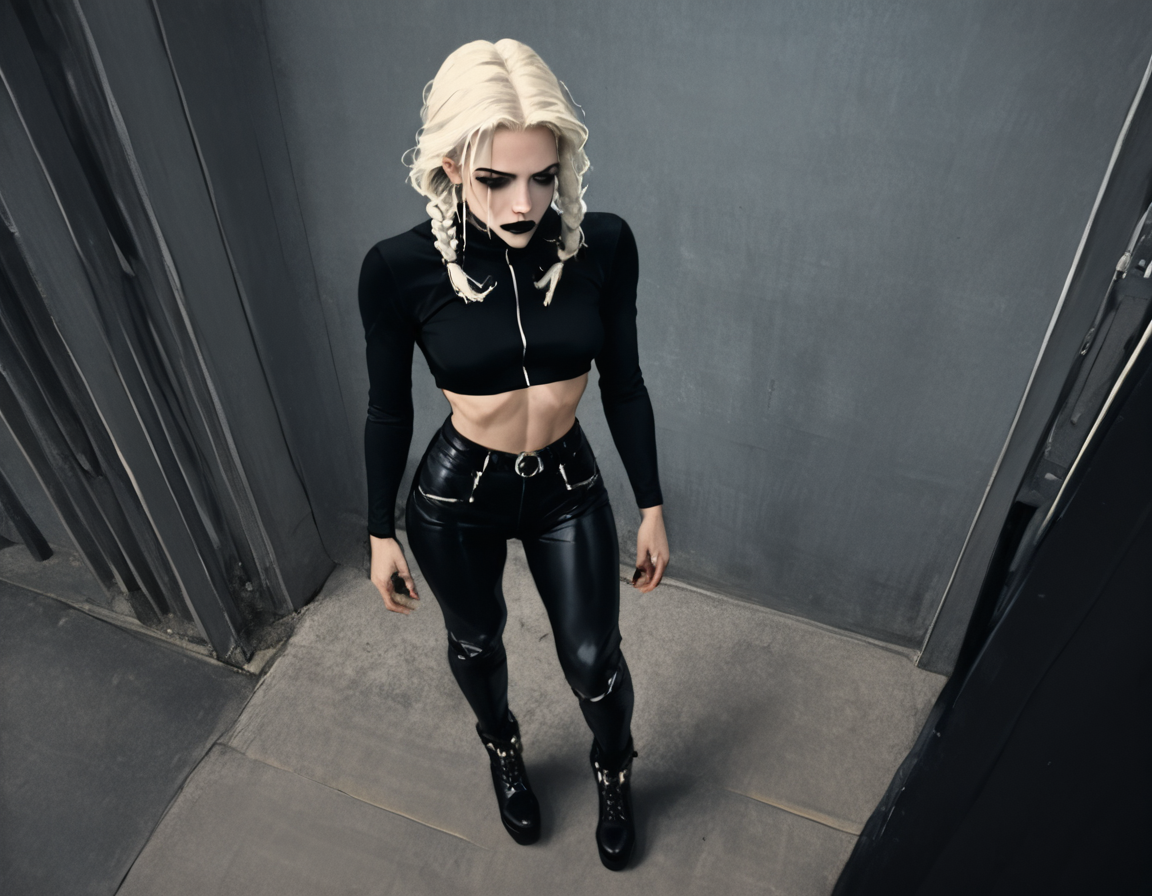 (score_9,score_8_up,score_7_up:1), 1girl, full body, above   angle, no lighting, sad, (goth, (black lipstick, black mascara, black eyeshadow)), (milf), white hair, long braided hair, choker, eyeshadow)), (white soft skin), big ass, tight butt, (sneaking), imperious corridor, (<lora:goth_clothes:1> black crop top, black platform boots), <lora:Always_In_Flux_Style:1>