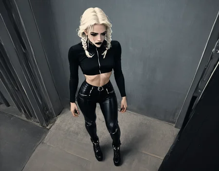 (score_9,score_8_up,score_7_up:1), 1girl, full body, above angle, no lighting, sad, (goth, (black lipstick, black mascara, black eyeshadow)), (milf), white hair, long braided hair, choker, eyeshadow)), (white soft skin), big ass, tight butt, (sneaking), imperious corridor, (<lora:goth_clothes:1> black crop top, black platform boots), <lora:Always_In_Flux_Style:1>