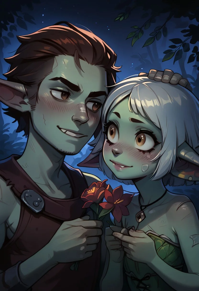 score_9, score_8, score_7, score_6, realistic, masterpiece, sharp focus, focused, detailed, a cute ((goblin girl)) and goblin boy leaning towards each other so their foreheads touch, ripped clothing, tattered clothes, (green skin, dark green skin, (small pointed ears, short ears, small ears)), holding a flower, forest, dirty skin, night, detailed background, ((facing each other, together, looking into each others eyes, looking at one another, staring into each others eyes)), in love, shy smile, blushing