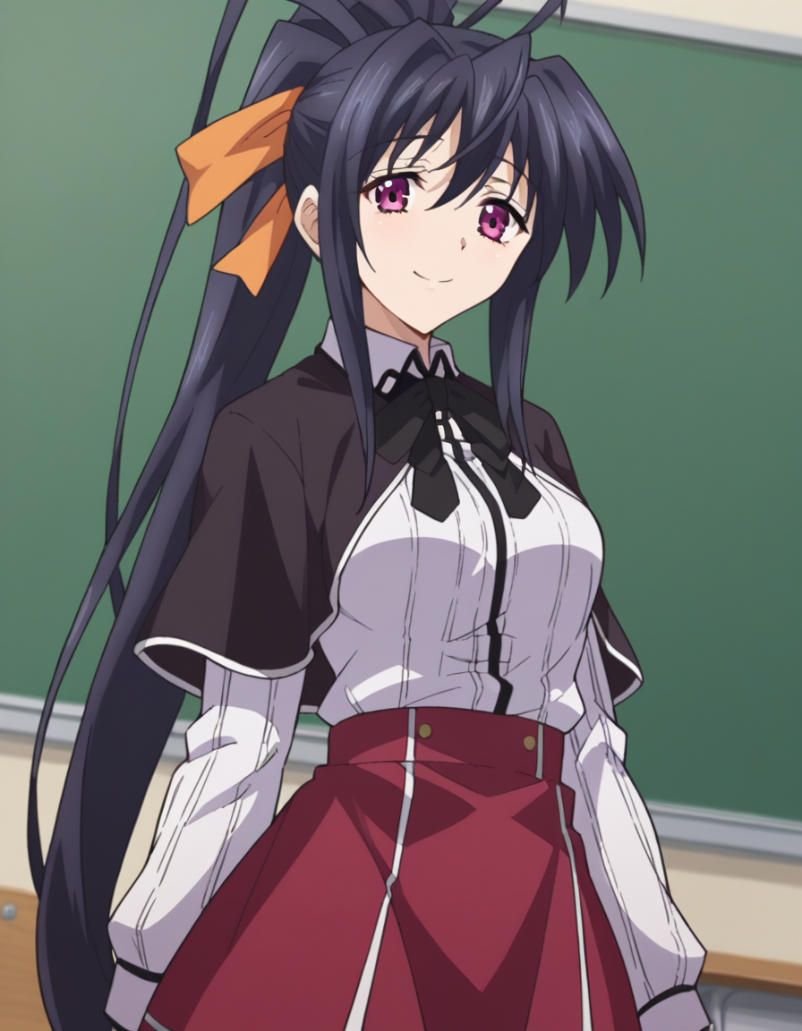 score_9, score_8_up, score_7_up, source_anime,
akenohimejima, <lora:akeno-himejima-ponyxl-lora-nochekaiser:1>,
akeno himejima, long hair, black hair, ribbon, very long hair, purple eyes, hair ribbon, ponytail, antenna hair, smile,
skirt, school uniform, shirt, white shirt, capelet, black capelet, long sleeves, red skirt,
indoors, classroom,
looking at viewer, dutch angle, cowboy shot,