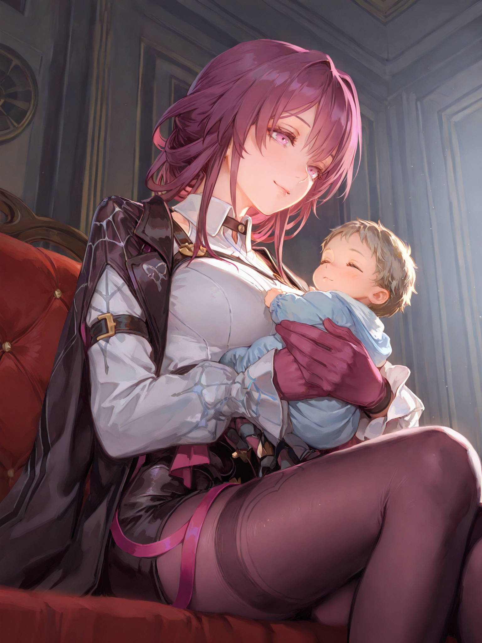 (masterpiece, best quality, very aesthetic, absurdres, highres:1.2), incredible lighting, (kafka holding baby Caelus, honkai star rail, black stockings, dark clothing:1.2), cradling baby, <lora:illustriousXL_stabilizer_v1.7:1>, 1girl, solo, iconic scene, cinematic, <lora:NOOB_vp1_detailer_by_volnovik_v1:1>, painterly style,  <lora:anmiXLillokrV53P1:0.5>,  <lora:reikolokr_for_illustrious:0.4>,  <lora:10_AESTX:0.4> aestx, brushstroke \(medium\), soft smile, closeup