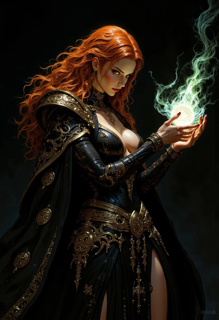 A striking portrait of a ginger-haired sorceress, her fiery curls tumbling over her shoulders, glowing with a hint of magic. She wears a form-fitting, dark leather outfit adorned with intricate golden runes that hug her curvy figure. The outfit is revealing yet tasteful, with a plunging neckline that enhances her mystique. Her long, slender arms are adorned with delicate silver cuffs. In one hand, she holds a glowing orb of magical energy, casting a spell with tendrils of light swirling from her fingertips, while her other hand is raised to control the flow of energy. Her piercing green eyes burn with intensity, and her lips are painted in a seductive shade of red. The background is a deep, inky black, with minimal light filtering through, creating a dramatic contrast. The soft glow from her magic provides the only source of illumination, making her figure the focal point of the composition. Framed in a cowboy shot, the image captures her from the waist up, with the magic and her powerful presence dominating the frame, evoking a sense of mystery and allure.