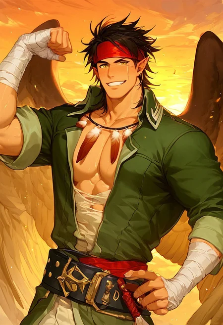 (((score_9_up, score_8_up, score_7_up, best quality, amazing quality, best aesthetic, perfect eyes))),1boy, solo, TibarnFE, black hair, yellow eyes, pointy ears, scar on face, black hair, red headband, feathered wings, green jacket, open jacket, belt, white pants, waist up, feather necklace, bandages, one hand on waist, flexing one bicep, sweaty, flushed, smile, both eyes open, outside, sunset, muscular male, large pectorals, expressiveh