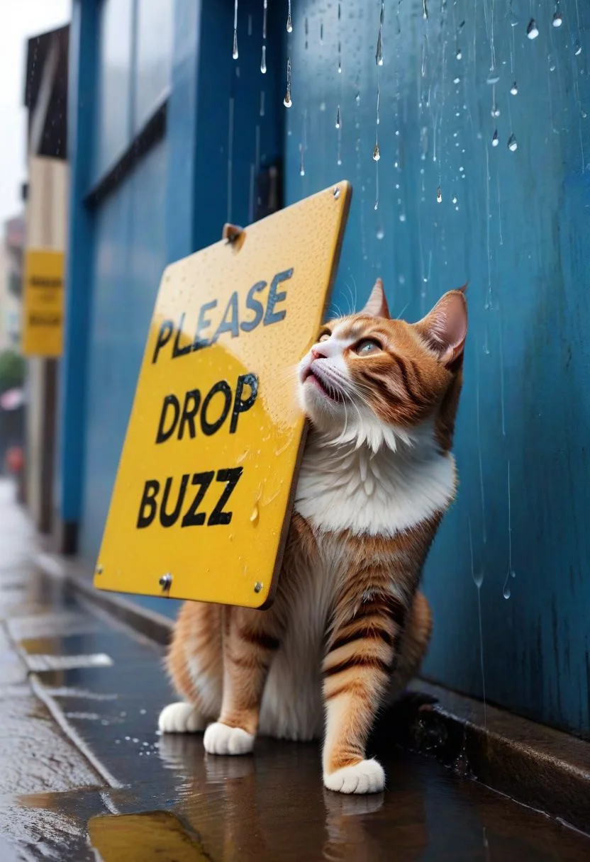 "Please drop some buzz", "Please drop some buzz", "Please drop some buzz", cat, board, text, big board with text,("Please drop some buzz":1.4), outdoors, poor, wall, (wet fur:1.1),(sad, tears from eyes), (crying:1.5), street, by wall holding board on his paws, (from above), low angle, 8k, ultra detailed, cinematic, rain, close-up