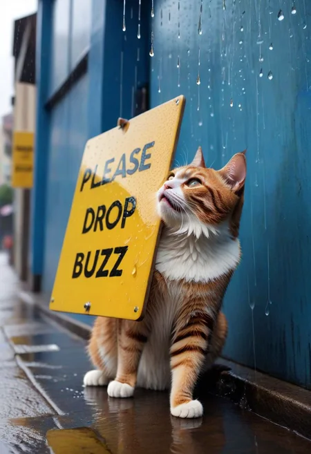 "Please drop some buzz", "Please drop some buzz", "Please drop some buzz", cat, board, text, big board with text,("Please drop some buzz":1.4), outdoors, poor, wall, (wet fur:1.1),(sad, tears from eyes), (crying:1.5), street, by wall holding board on his paws, (from above), low angle, 8k, ultra detailed, cinematic, rain, close-up