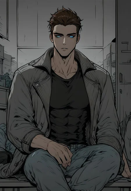 score_9, score_8_up, score_7_up, 1 man, shen, shen from league of legends, brown hair, muscular man, blue eyes, coat, jeans, black shirt, sitting alone, loneliness, silence, empty look, indoors, gym, scenery, greyscale